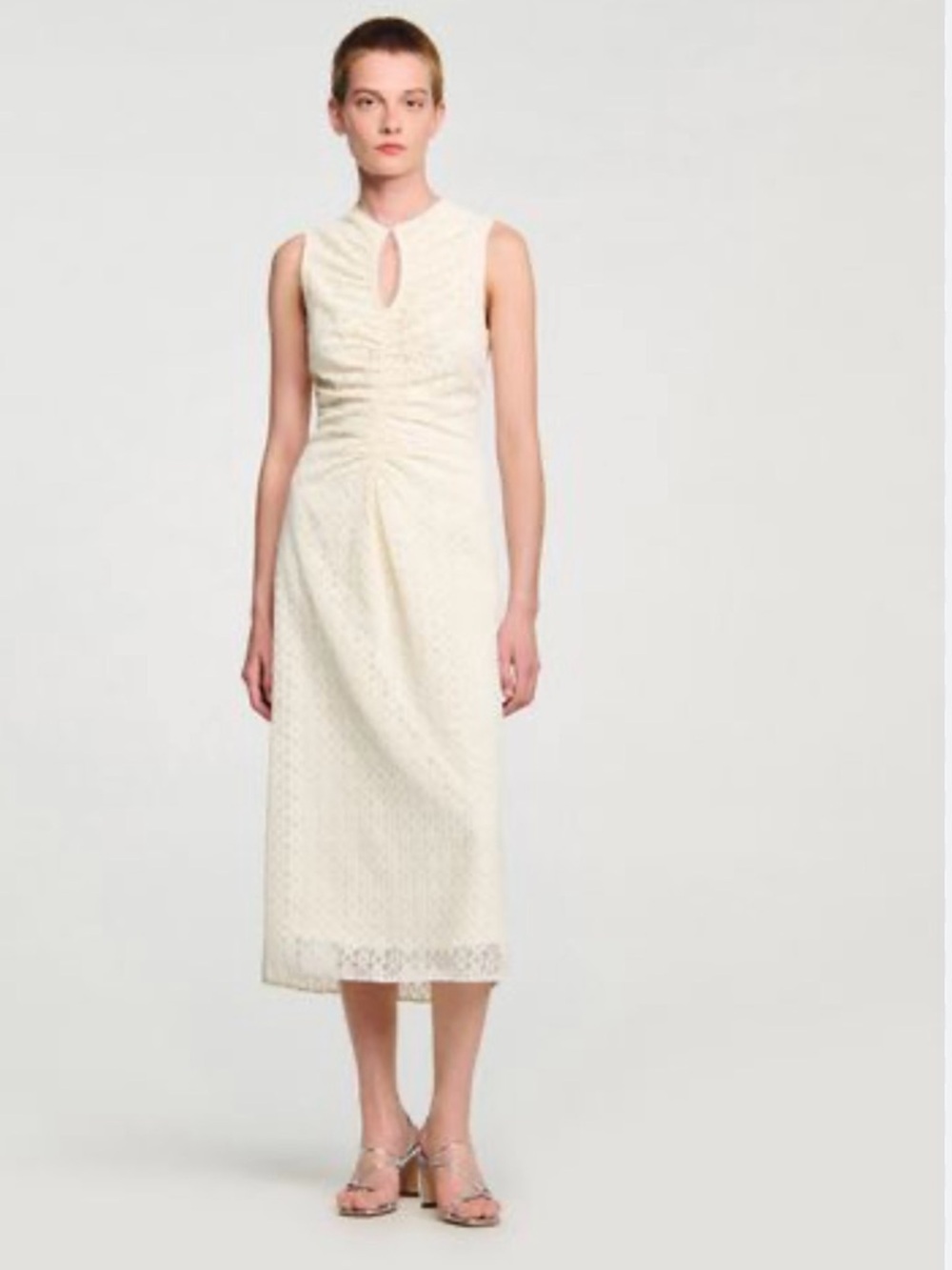 Sandro Ivory Lace Midi Dress with Keyhole Neck